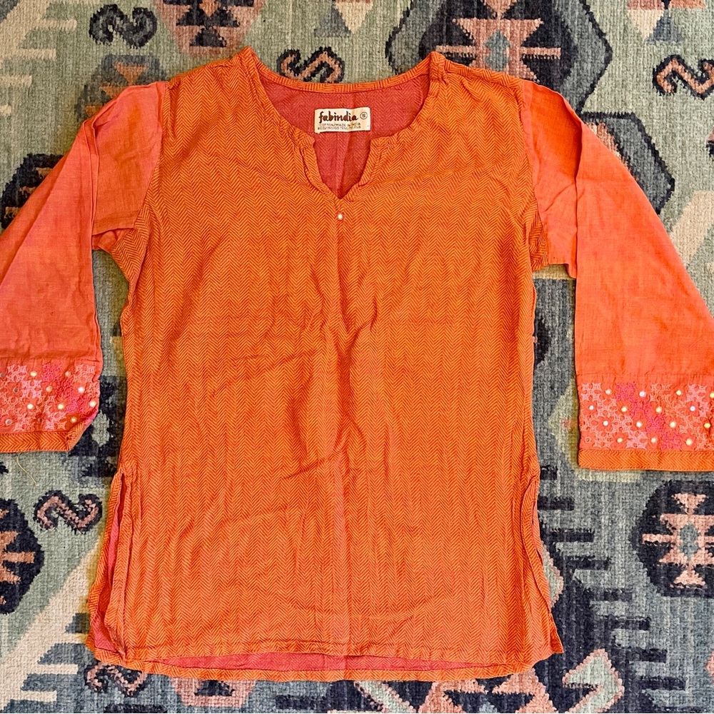 🧡💕🇮🇳 Fabindia Women’s Cotton Kurti – M – Orange/Pink Weave Indian Ethnicwear